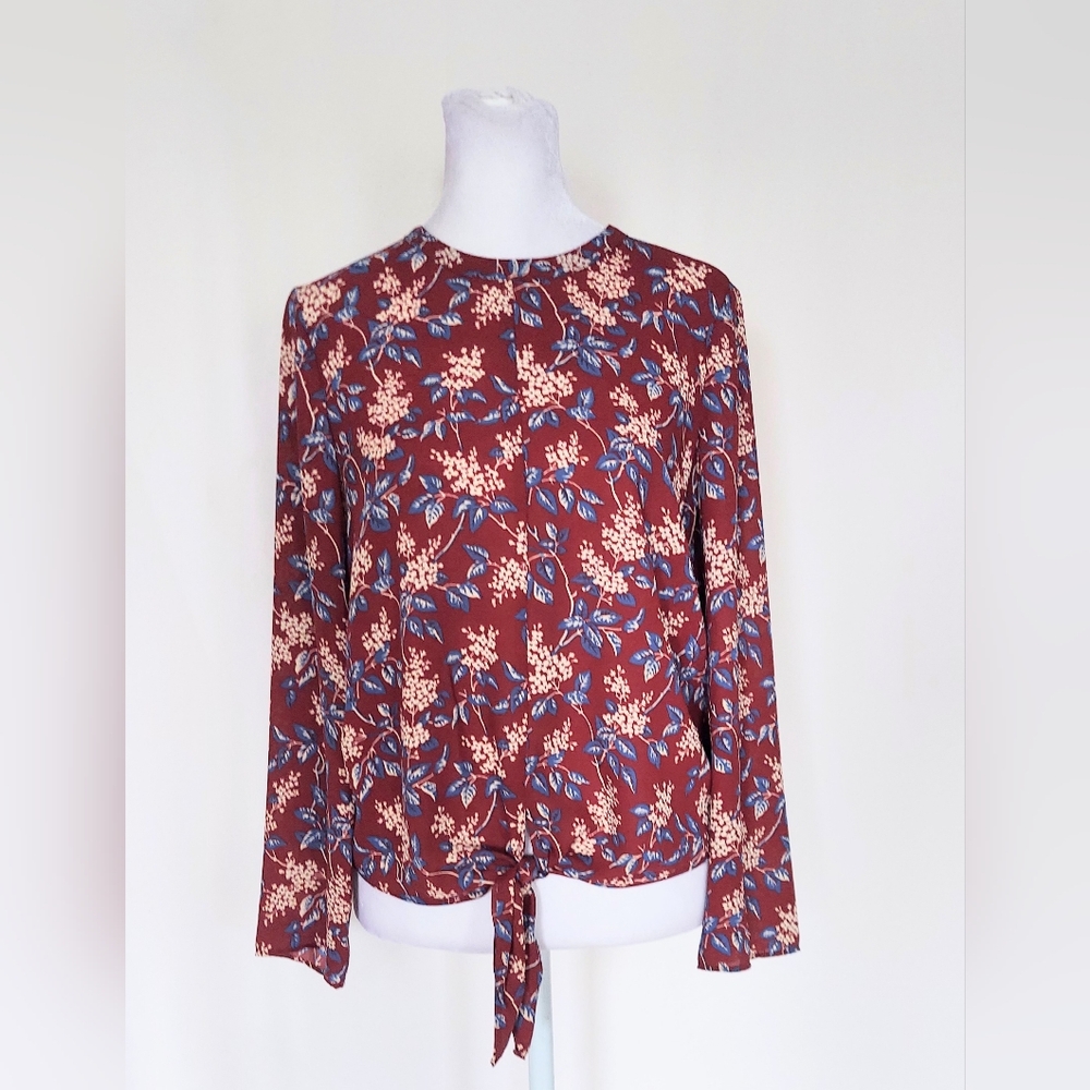 Madewell Bell Sleeve Top Blouse Maroon Red Blue Floral Womens XXS
